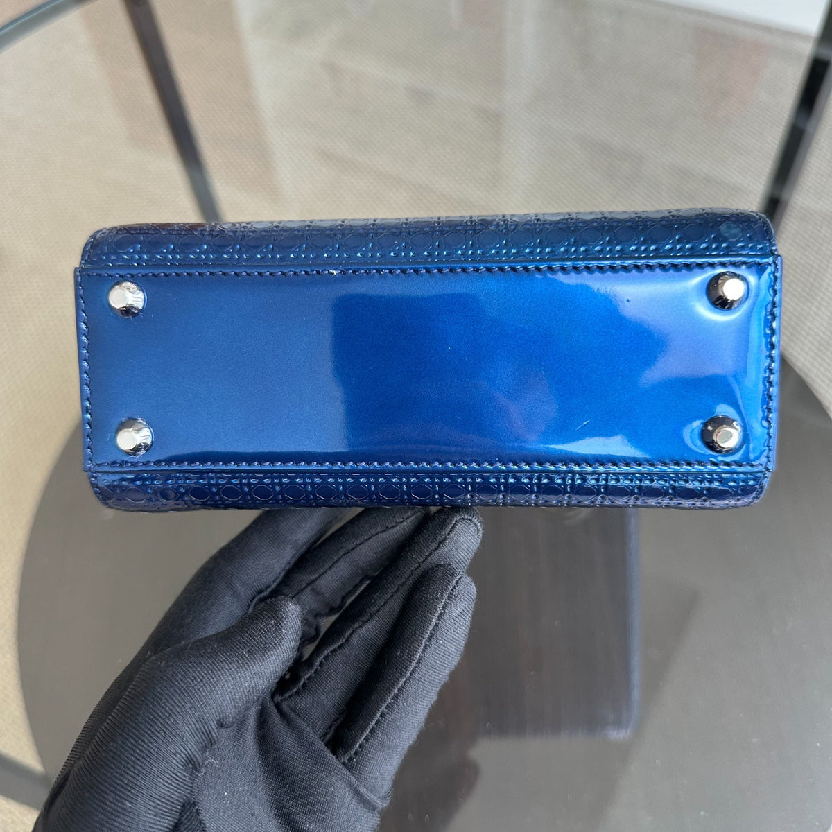 Lady Mini Micro-Cannage Glazed Calfskin Blue SHW