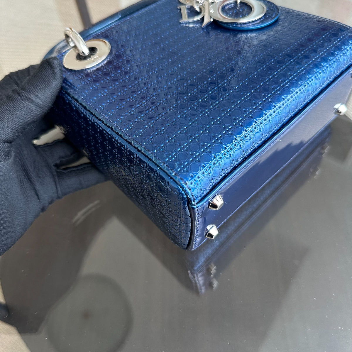 Lady Mini Micro-Cannage Glazed Calfskin Blue SHW