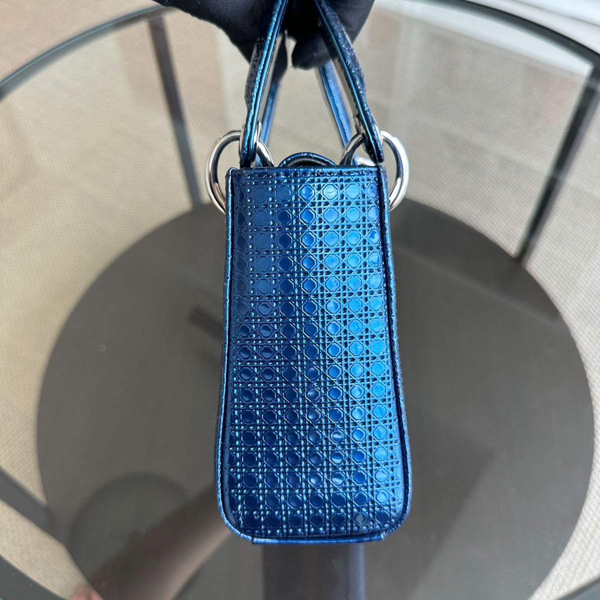 Lady Mini Micro-Cannage Glazed Calfskin Blue SHW