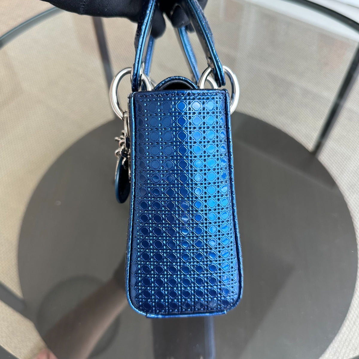 Lady Mini Micro-Cannage Glazed Calfskin Blue SHW