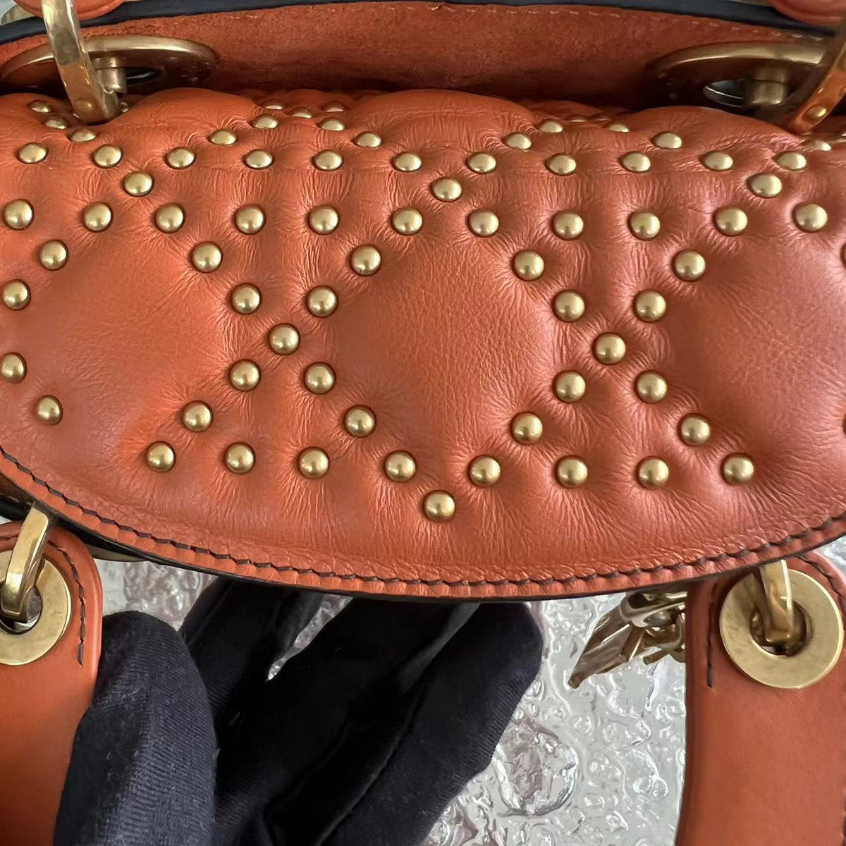 Lady Mini Studded Calfskin Caramel Golden Hardware