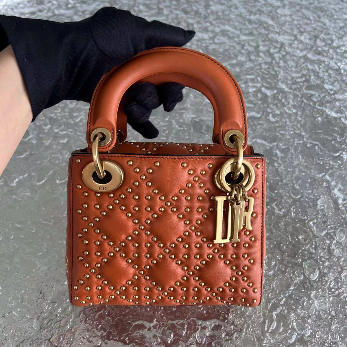 Lady Mini Studded Calfskin Caramel Golden Hardware