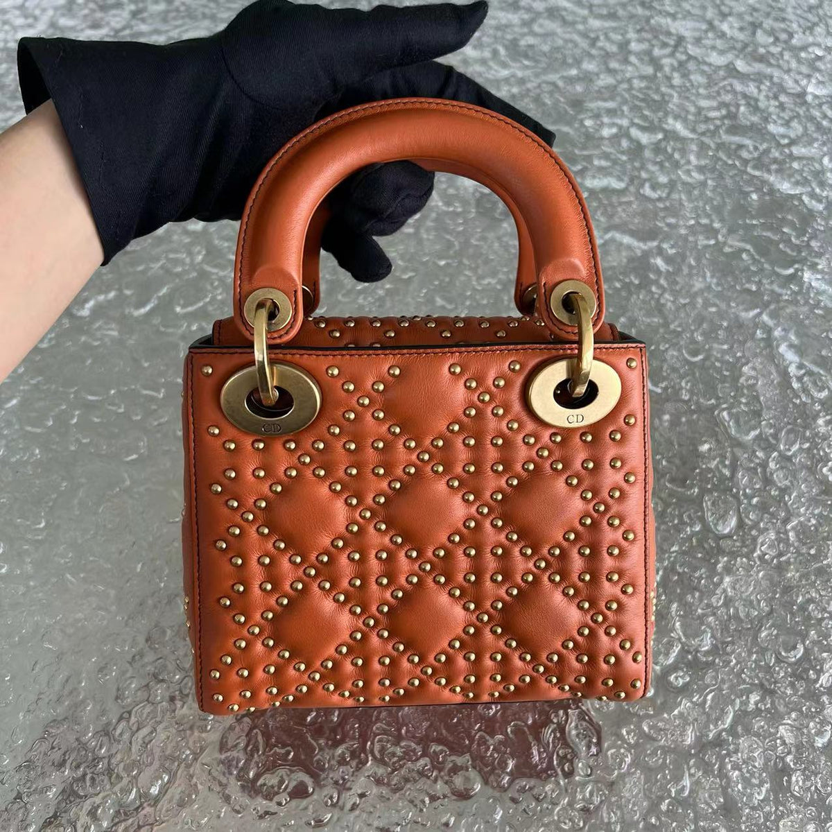 Lady Mini Studded Calfskin Caramel Golden Hardware