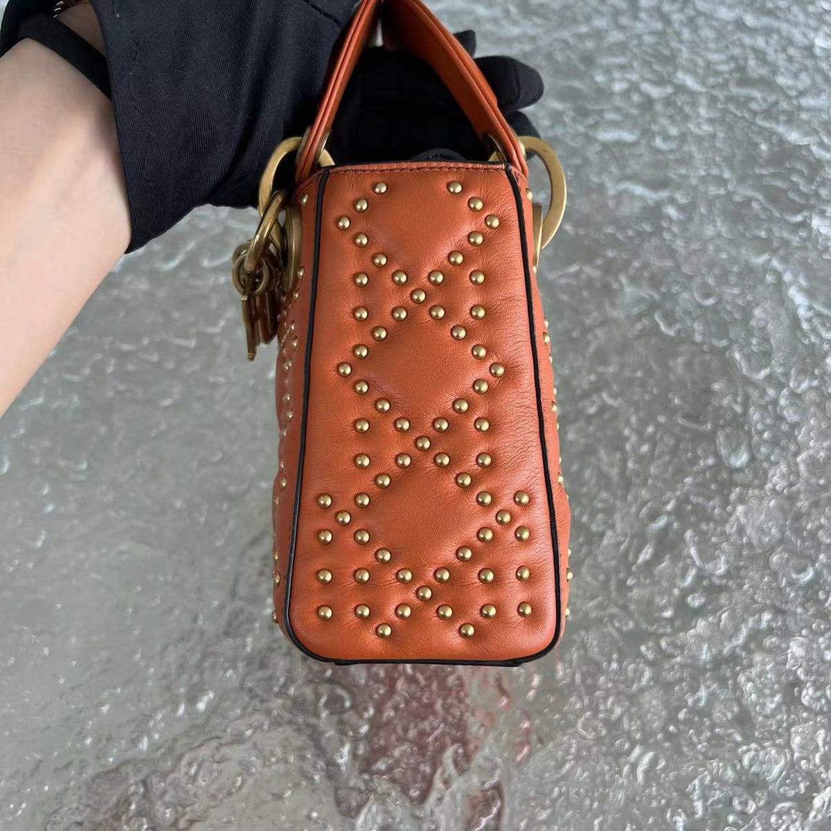 Lady Mini Studded Calfskin Caramel Golden Hardware