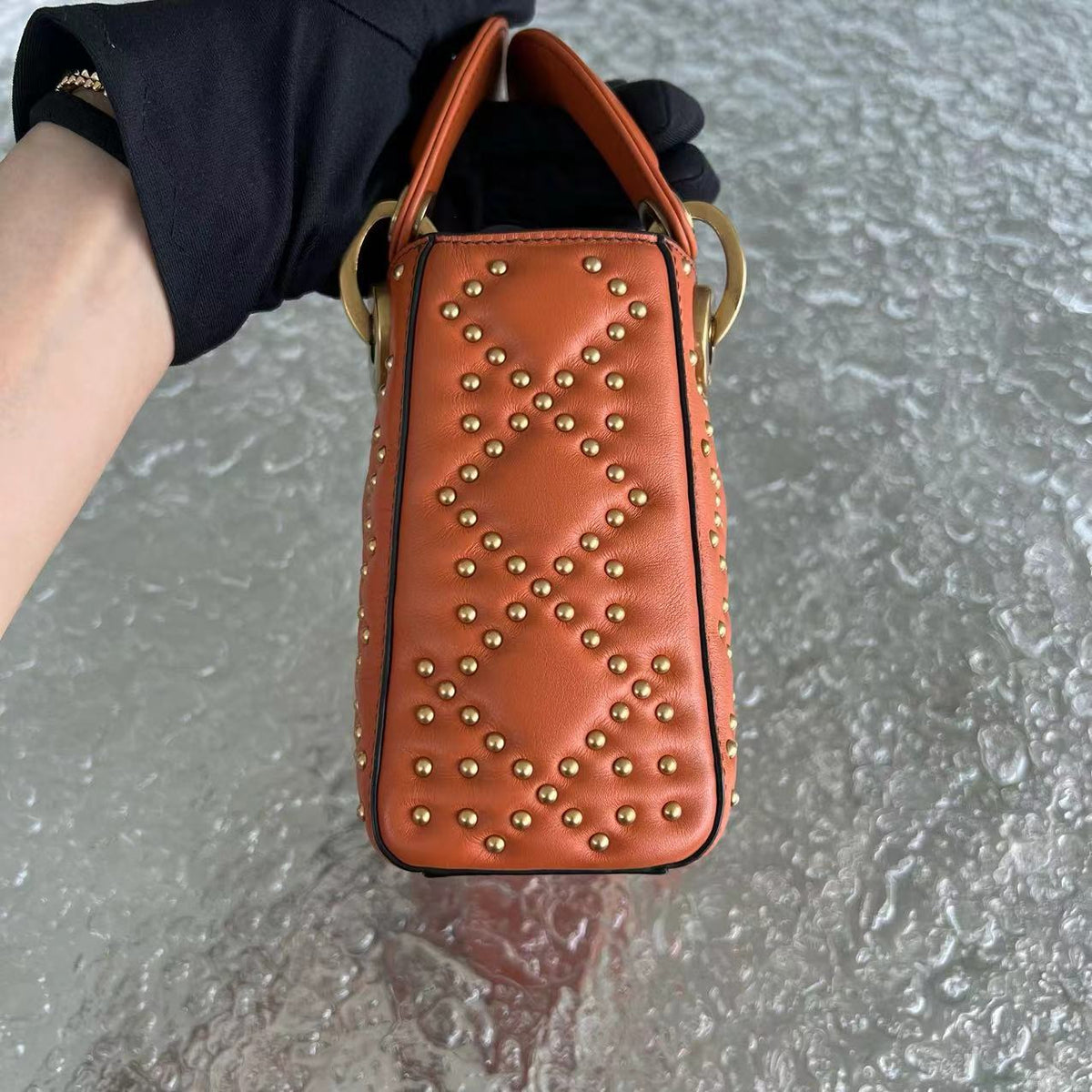 Lady Mini Studded Calfskin Caramel Golden Hardware