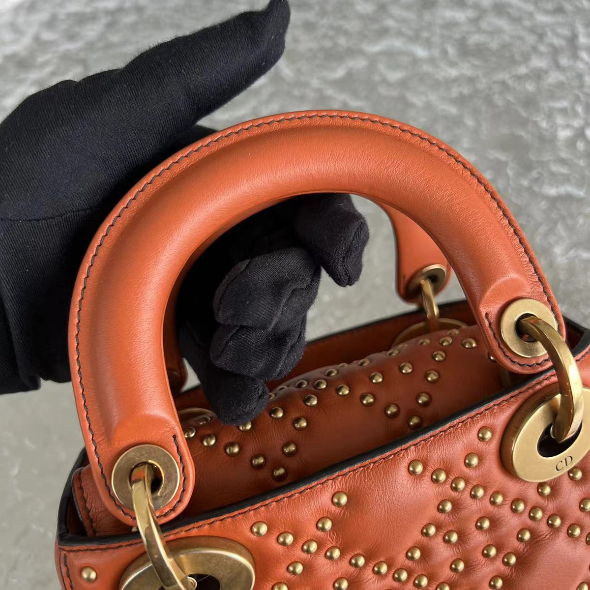 Lady Mini Studded Calfskin Caramel Golden Hardware
