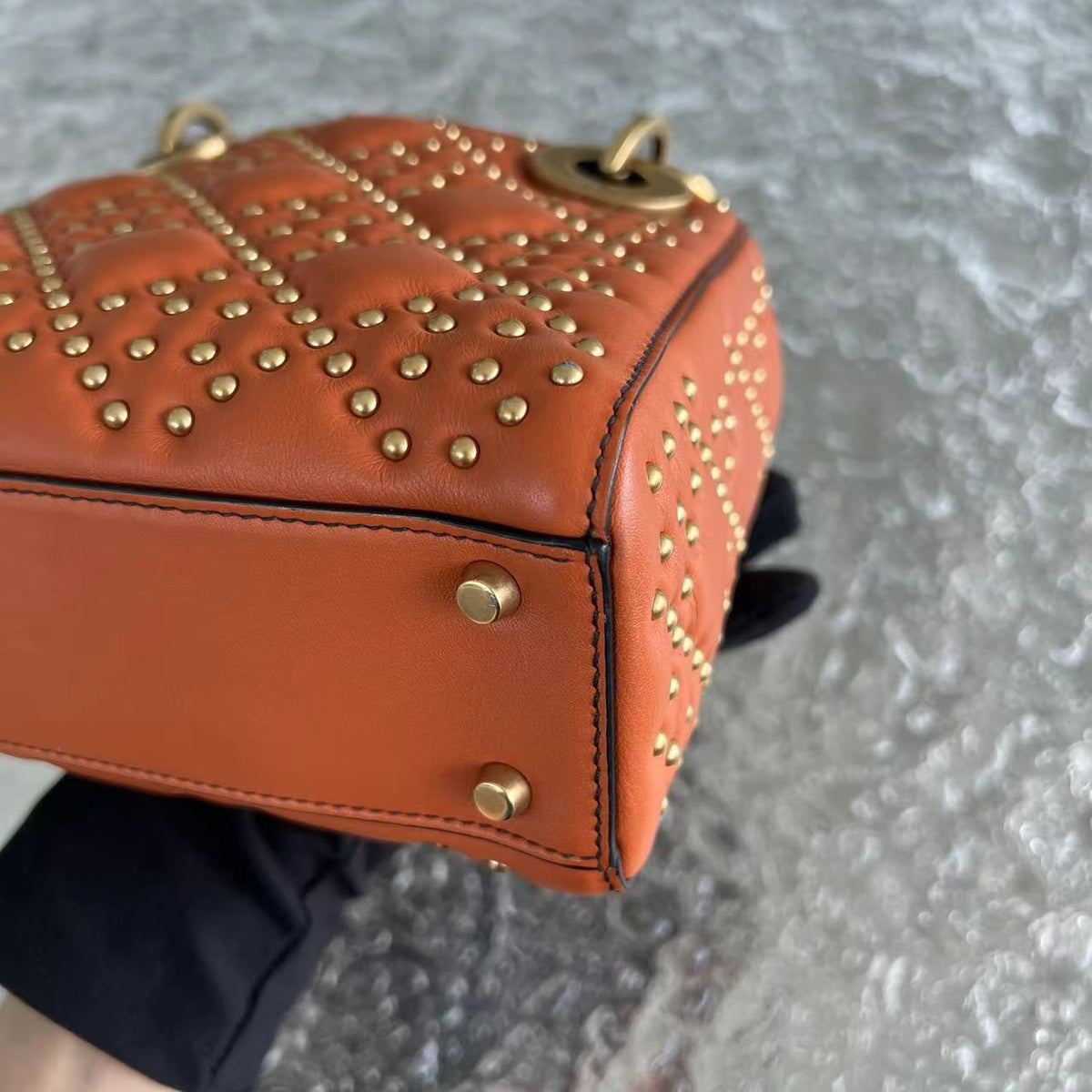 Lady Mini Studded Calfskin Caramel Golden Hardware