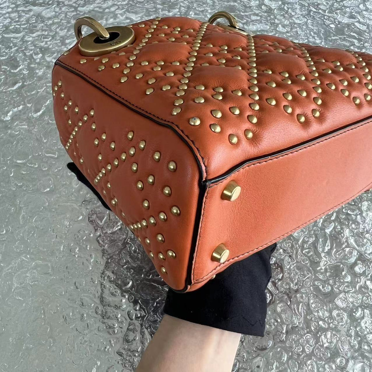 Lady Mini Studded Calfskin Caramel Golden Hardware