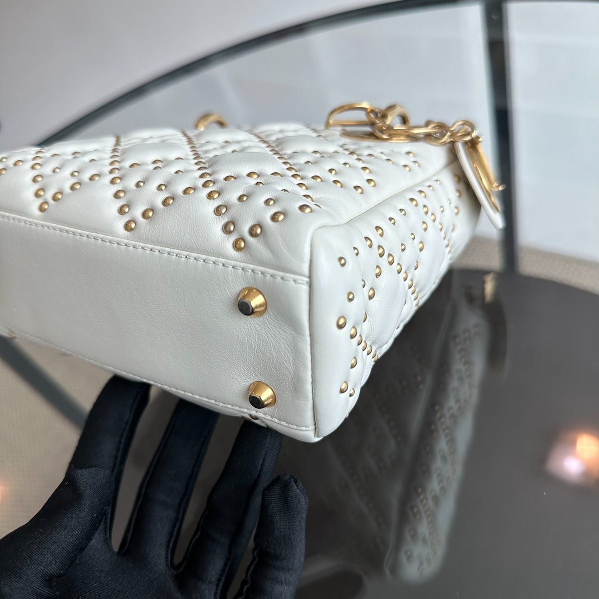 Lady Mini Studded Calfskin White GHW