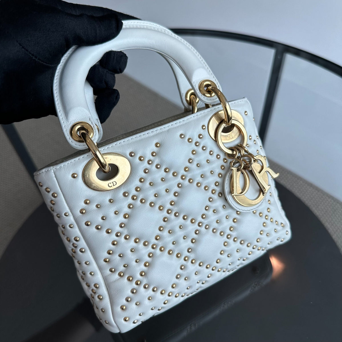 Lady Mini Studded Calfskin White GHW
