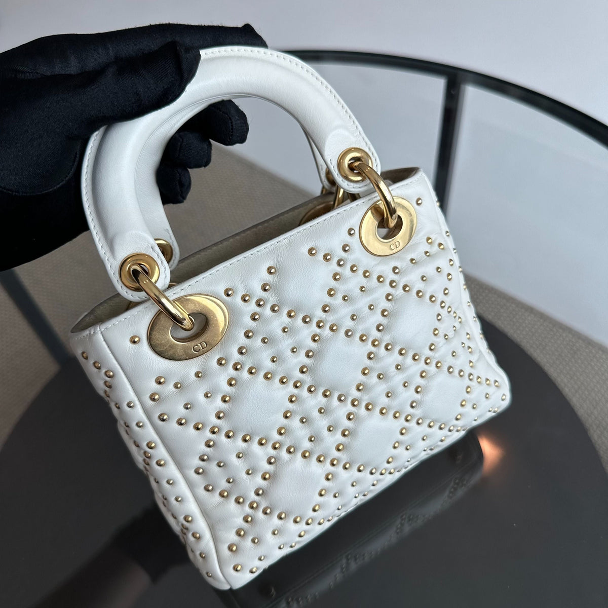 Lady Mini Studded Calfskin White GHW