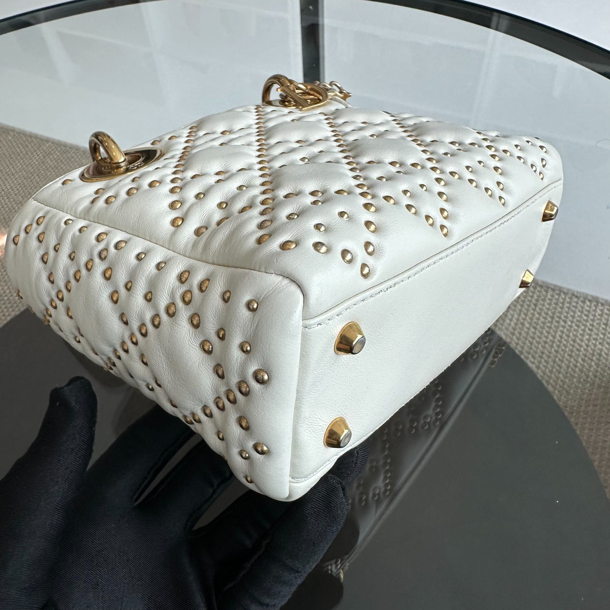 Lady Mini Studded Calfskin White GHW