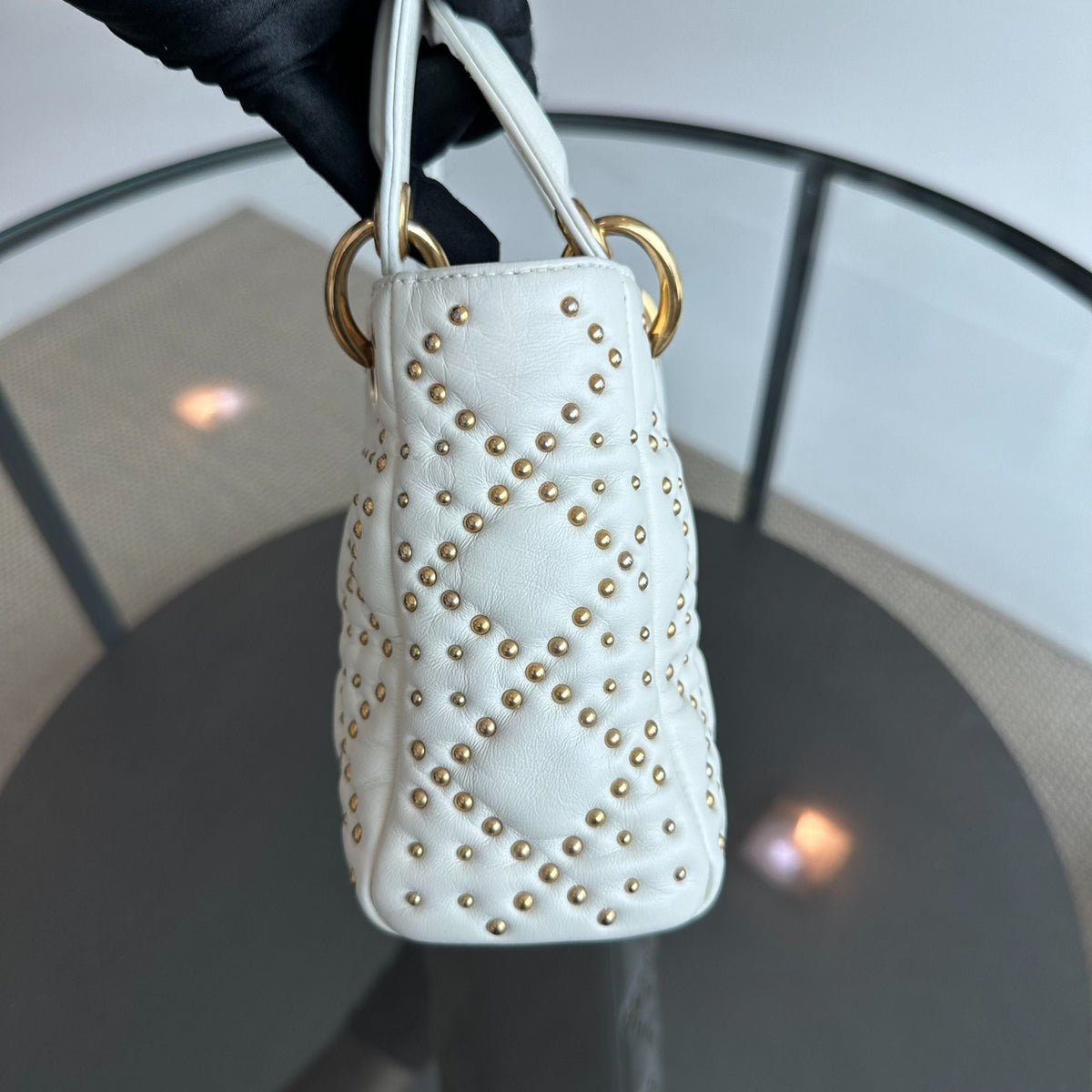Lady Mini Studded Calfskin White GHW
