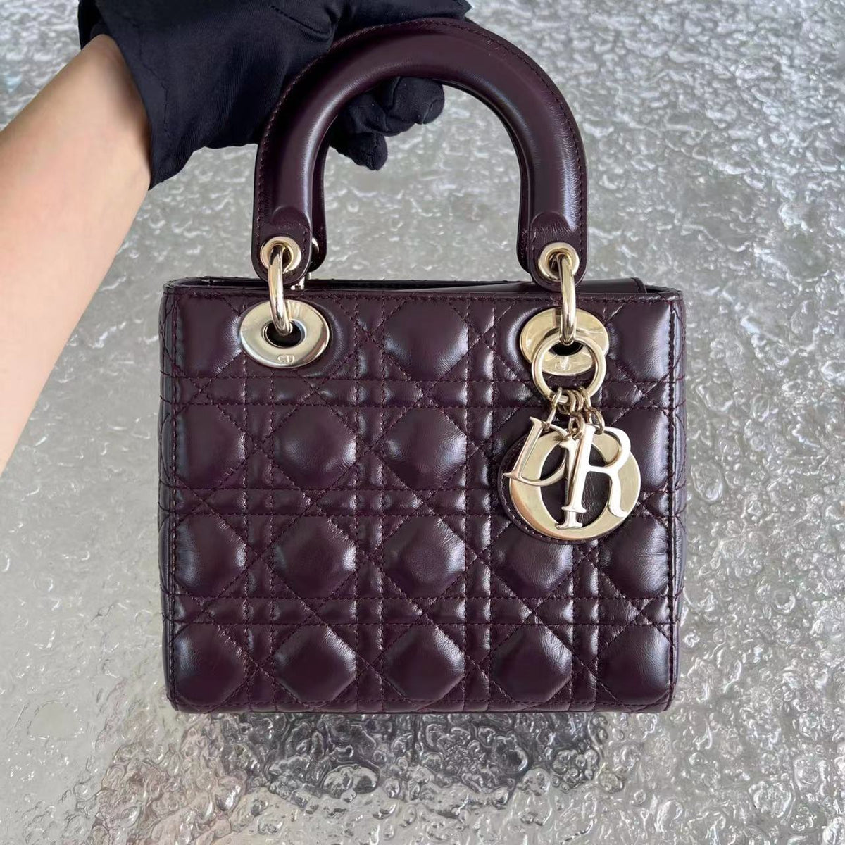Lady Small Cannage Glazed Calfskin Burgundy Dark Red Golden Hardware ABC MyABC Charm Badge