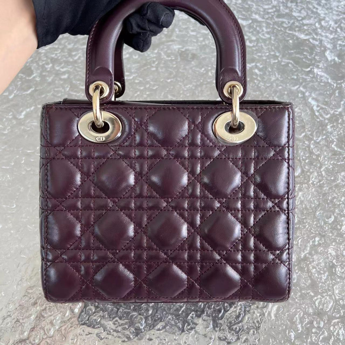 Lady Small Cannage Glazed Calfskin Burgundy Dark Red Golden Hardware ABC MyABC Charm Badge