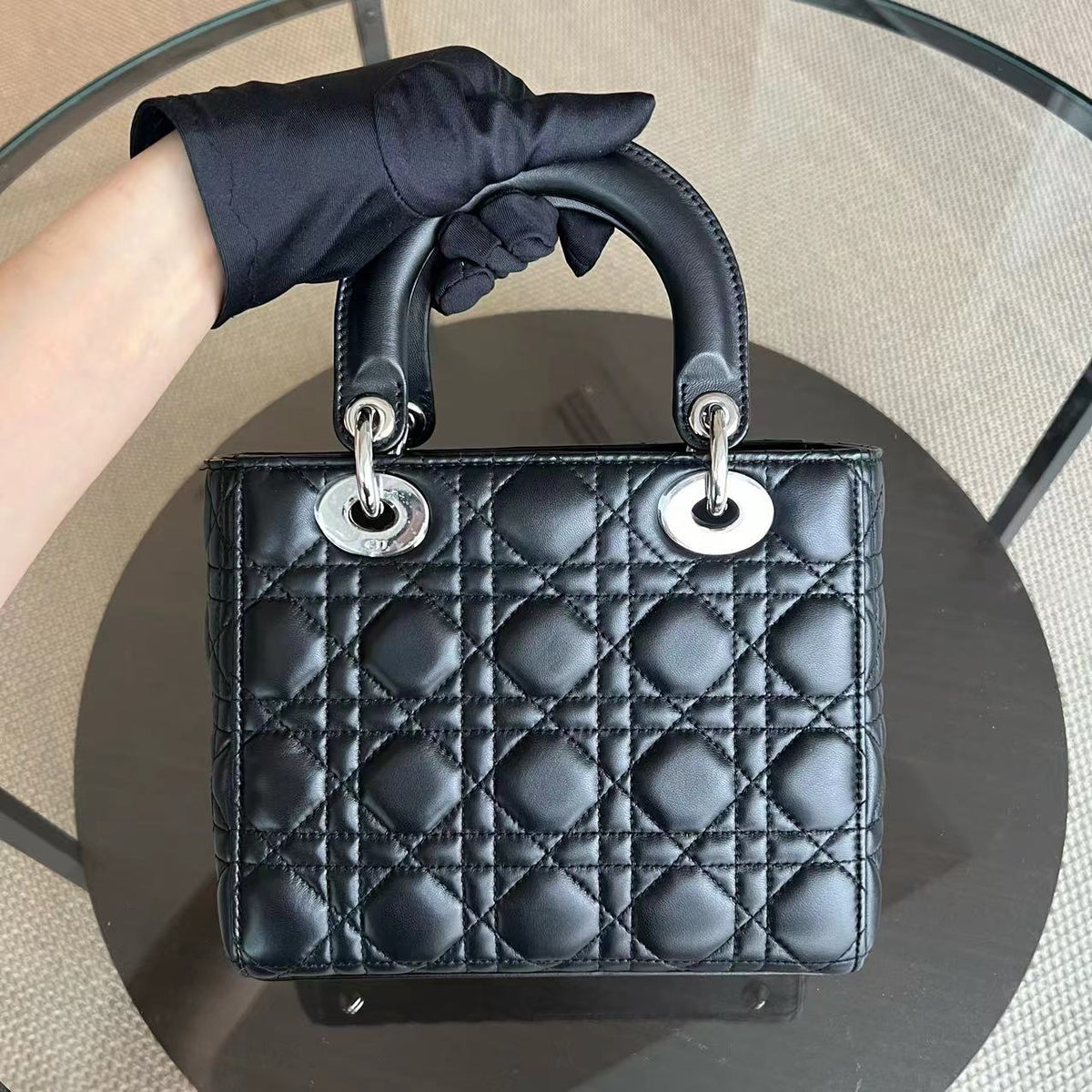 Lady Small Cannage Lambskin ABC MyABC Badge Strap Black Silver Hardware