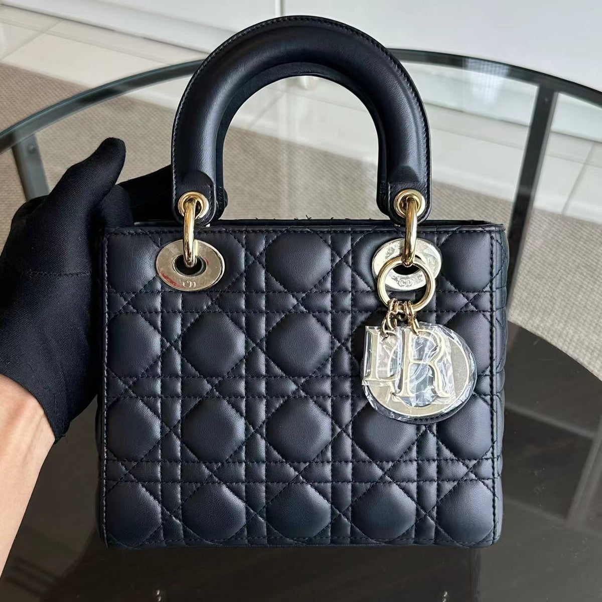 Lady Small Cannage Lambskin Charm Badge ABC MYABC Dark Grey Gray GHW