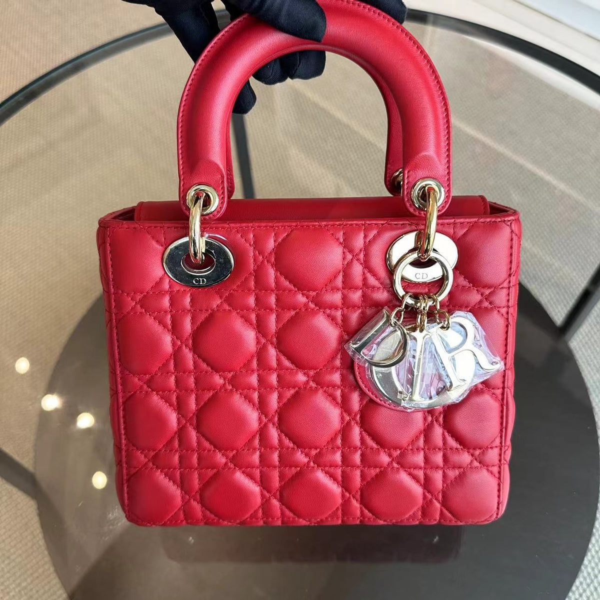 Lady Small Cannage Lambskin Red Golden Hardware ABC MyABC Charm Badge