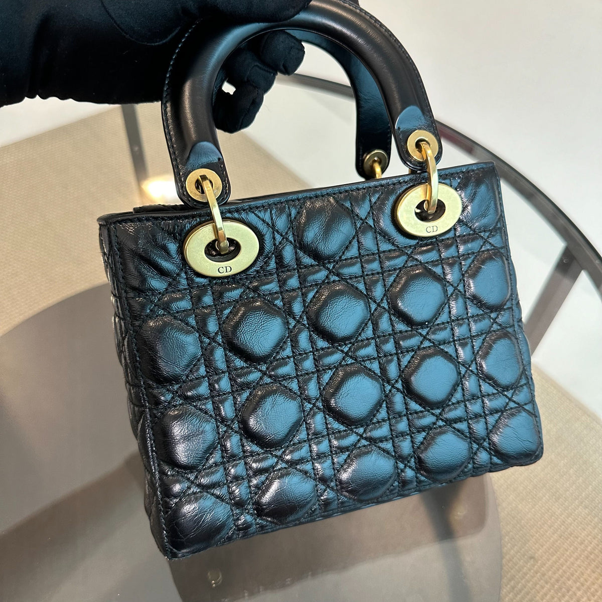 Lady Small Glazed Calfskin Black RGHW