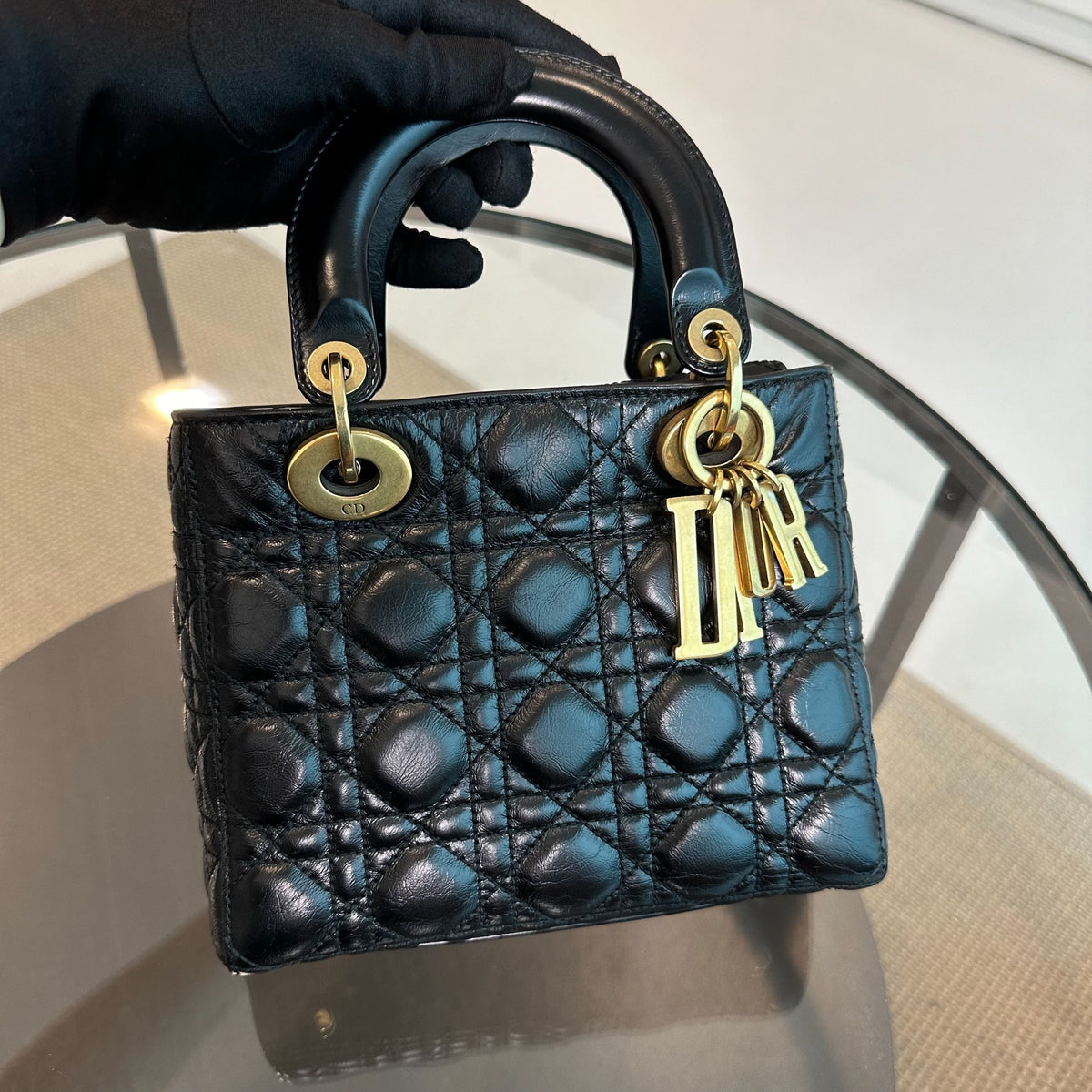 Lady Small Glazed Calfskin Black RGHW