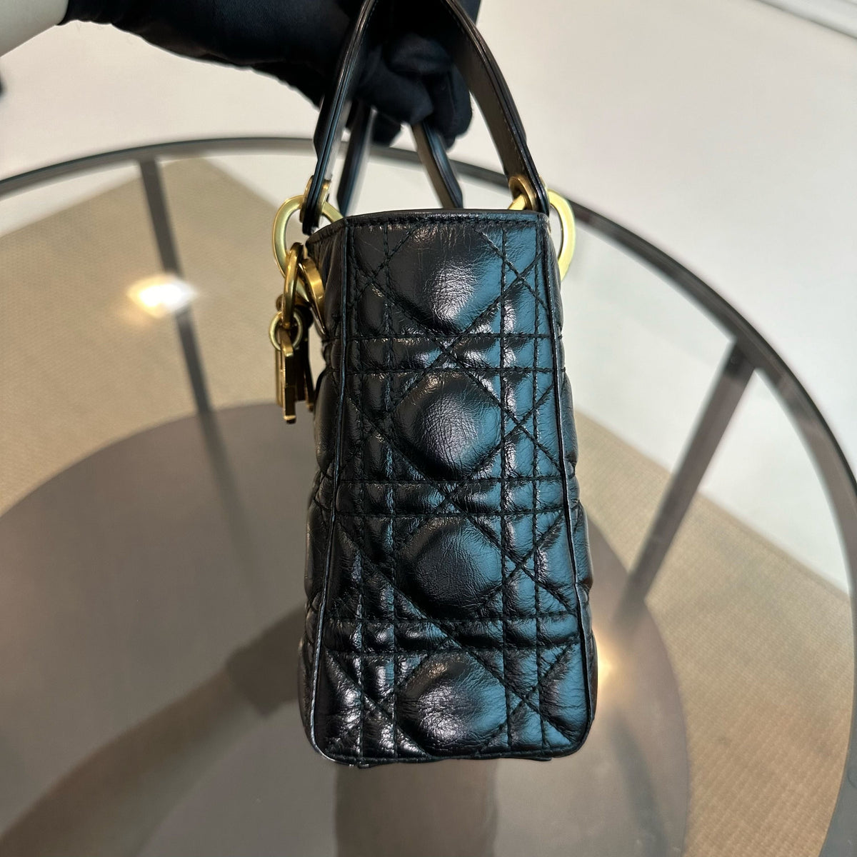 Lady Small Glazed Calfskin Black RGHW