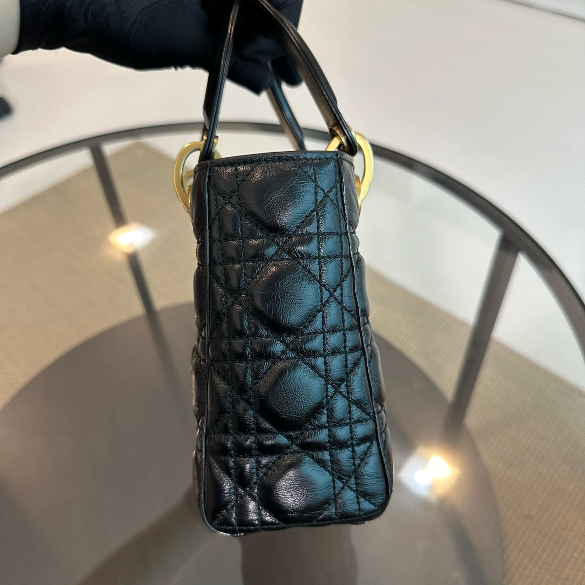 Lady Small Glazed Calfskin Black RGHW