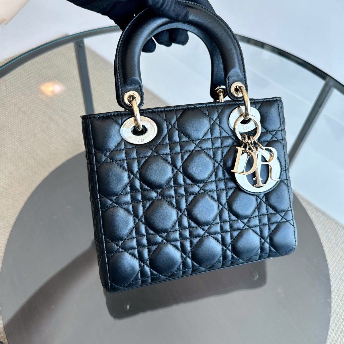 Lady Small Lambskin Black Cannage Charm Badge ABC GHW