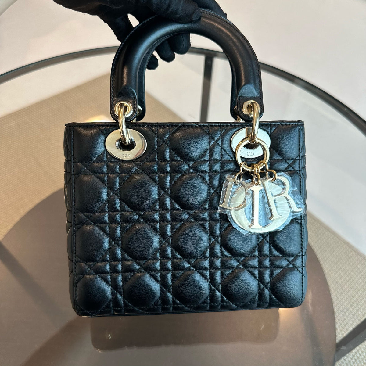 Lady Small Lambskin Cannage Badge Charm ABC Black GHW