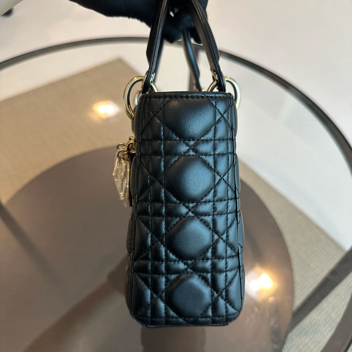 Lady Small Lambskin Cannage Badge Charm ABC Black GHW