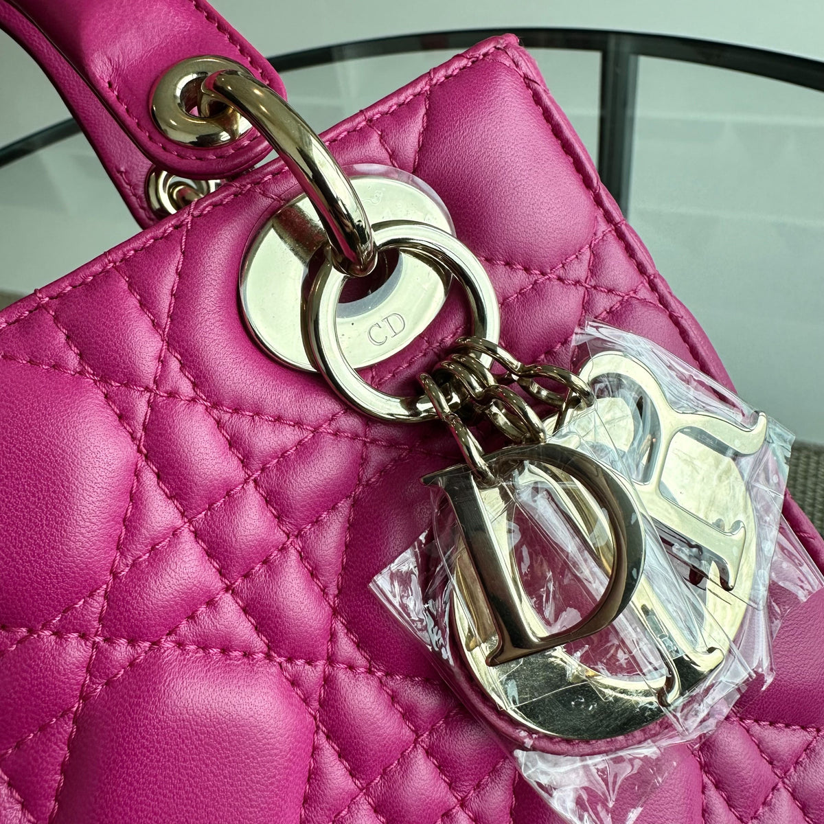 Lady Small Lambskin Cannage Hot Pink Charm Badge GHW