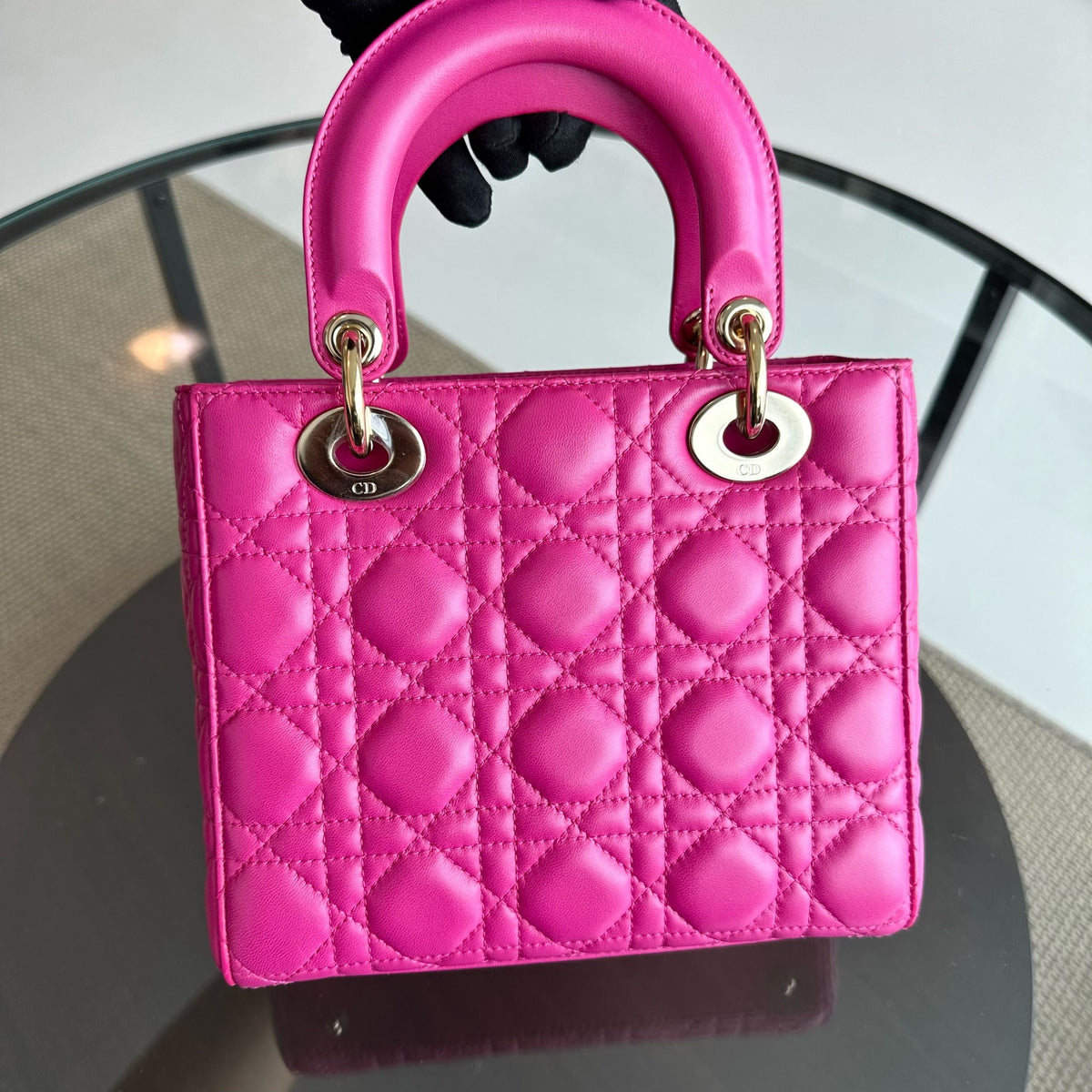 Lady Small Lambskin Cannage Hot Pink Charm Badge GHW