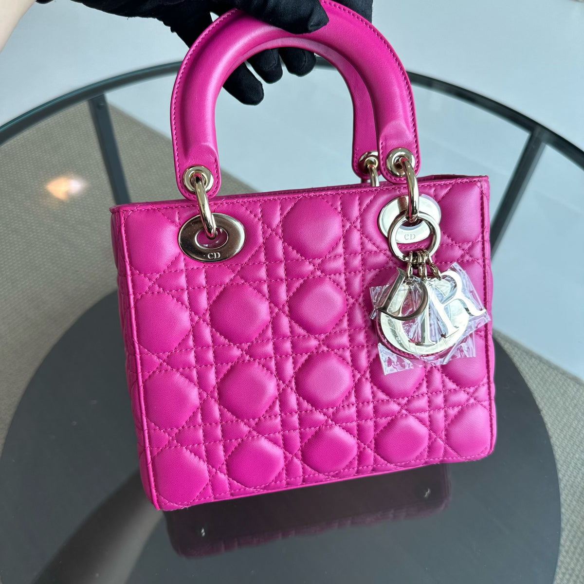 Lady Small Lambskin Cannage Hot Pink Charm Badge GHW