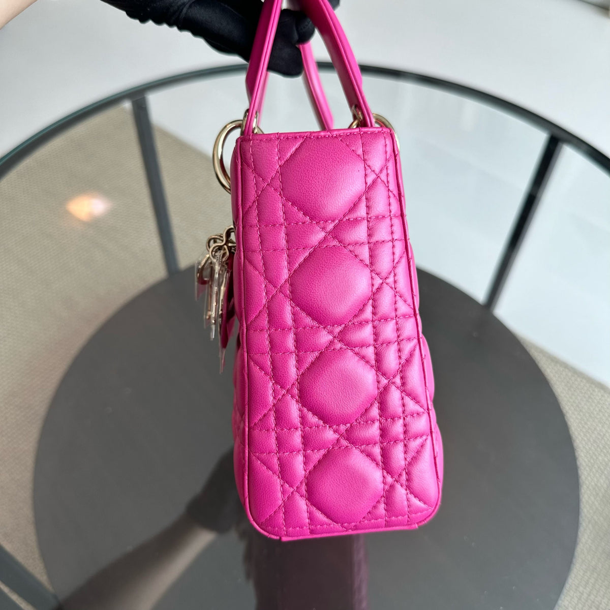 Lady Small Lambskin Cannage Hot Pink Charm Badge GHW