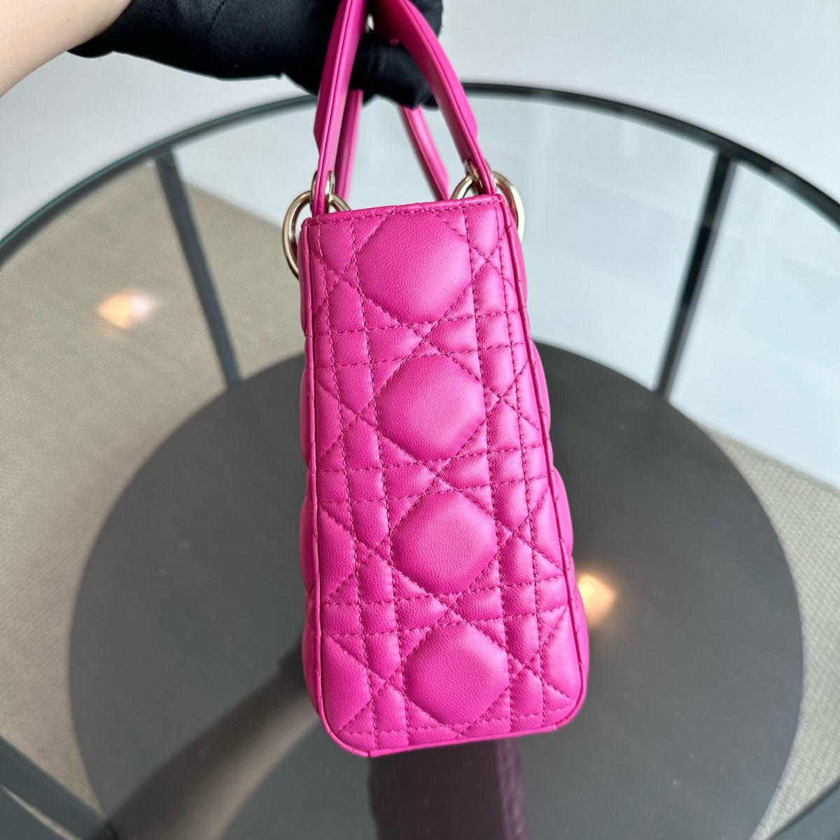 Lady Small Lambskin Cannage Hot Pink Charm Badge GHW