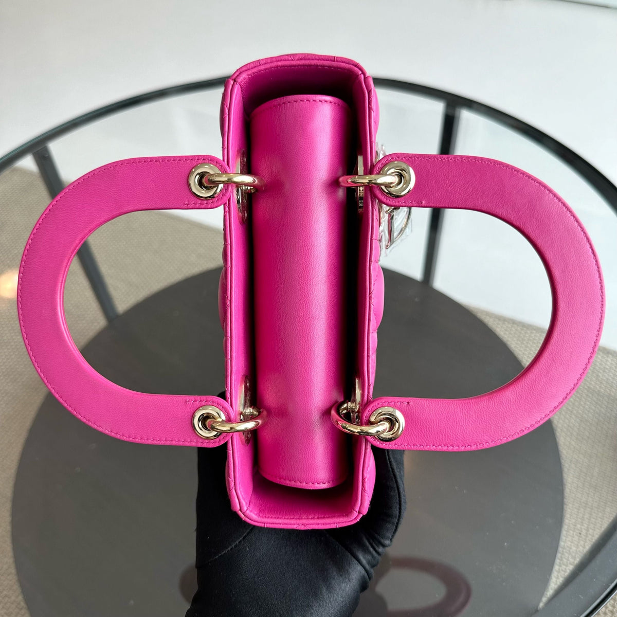 Lady Small Lambskin Cannage Hot Pink Charm Badge GHW