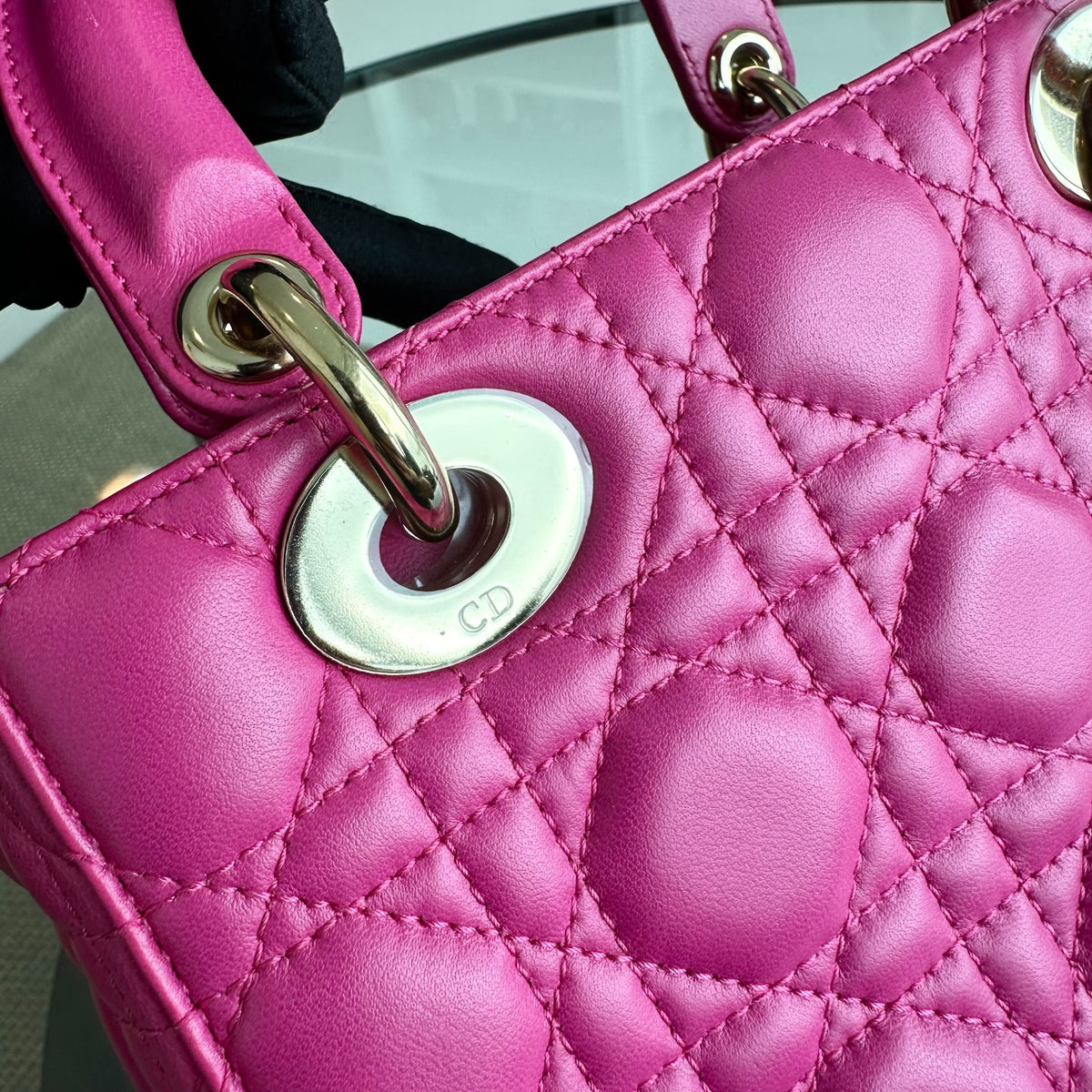 Lady Small Lambskin Cannage Hot Pink Charm Badge GHW