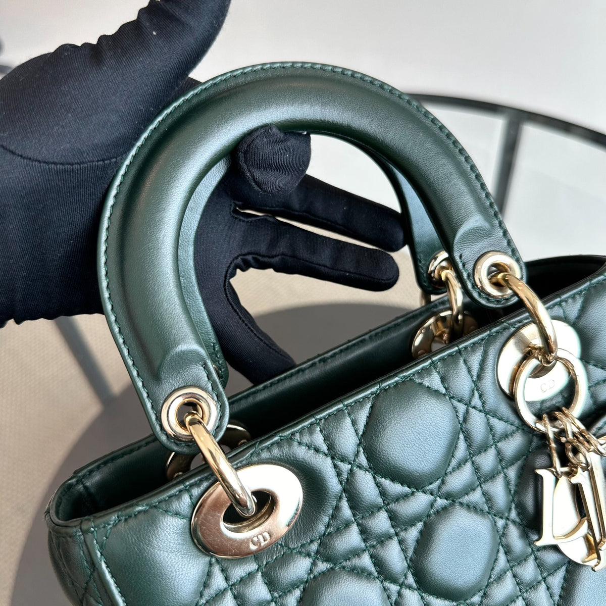 Lady Small Lambskin Charm Badge Dark Green GHW