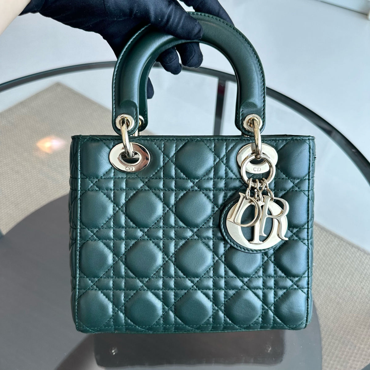 Lady Small Lambskin Charm Badge Dark Green GHW