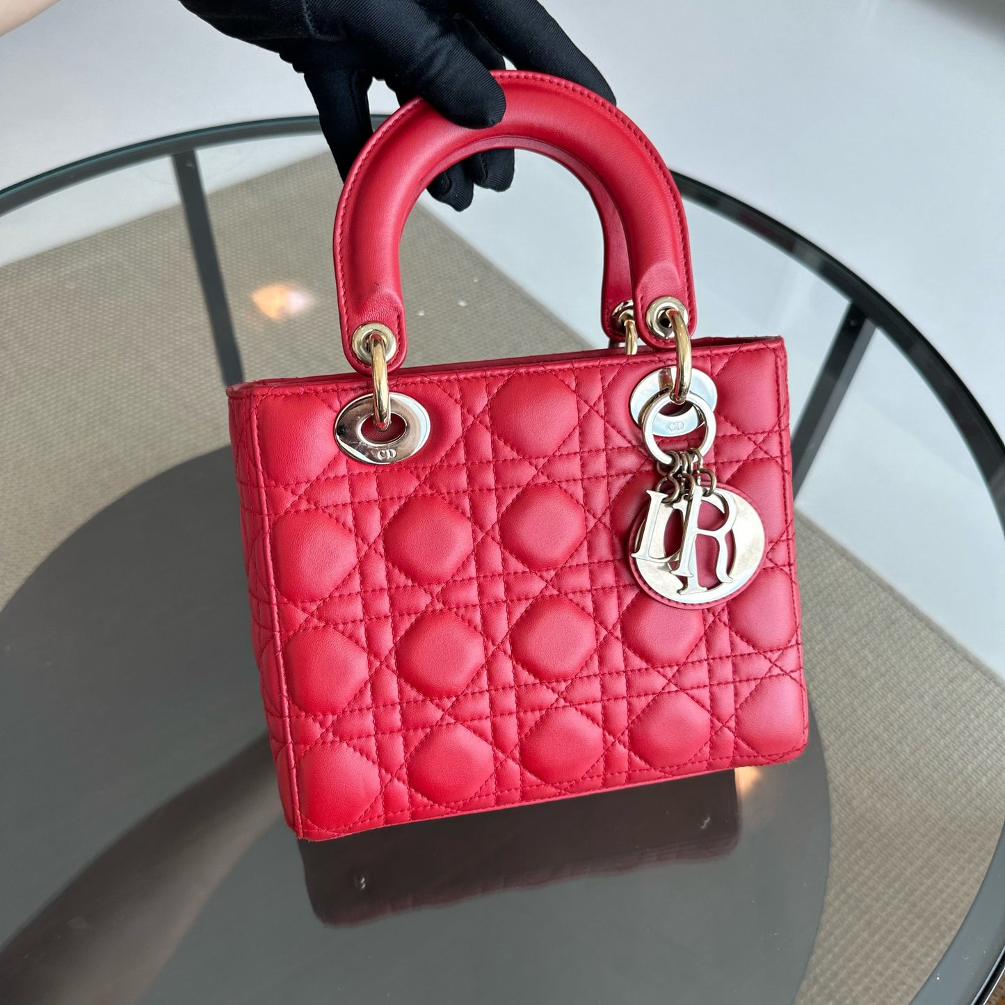 Lady Small Lambskin Red Badge Charm ABC MyABC Shoulder Bag