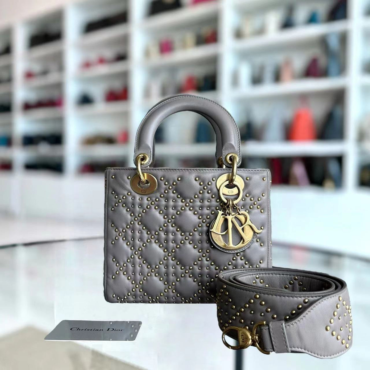 Lady Small Studded Smooth Lambskin Grey Gray GHW