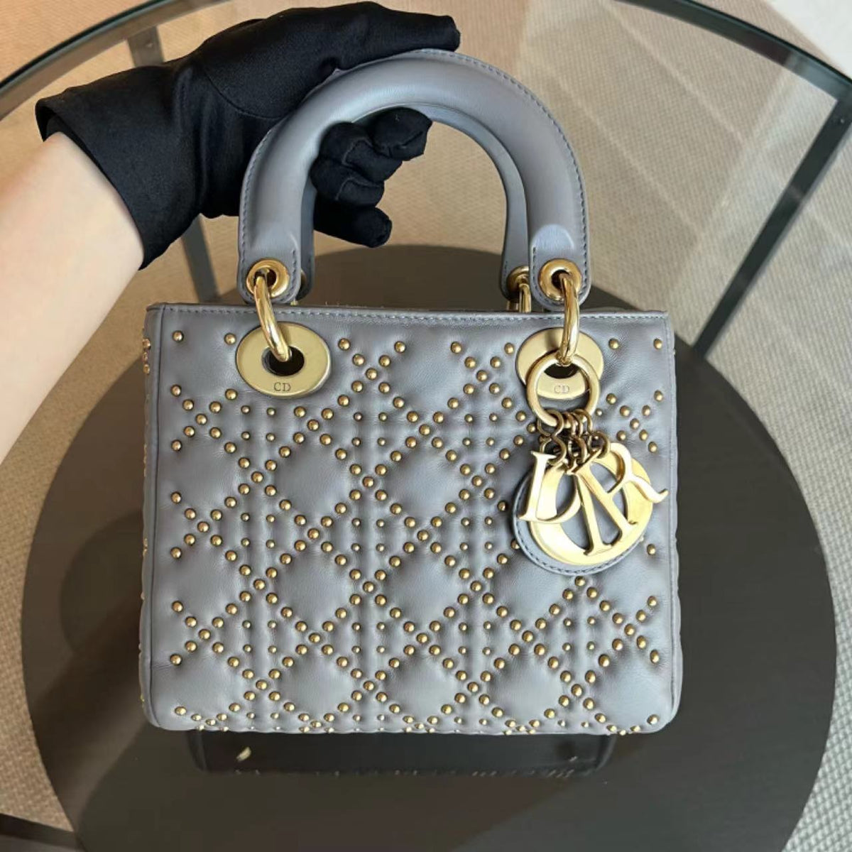 Lady Small Studded Smooth Lambskin Grey Gray GHW