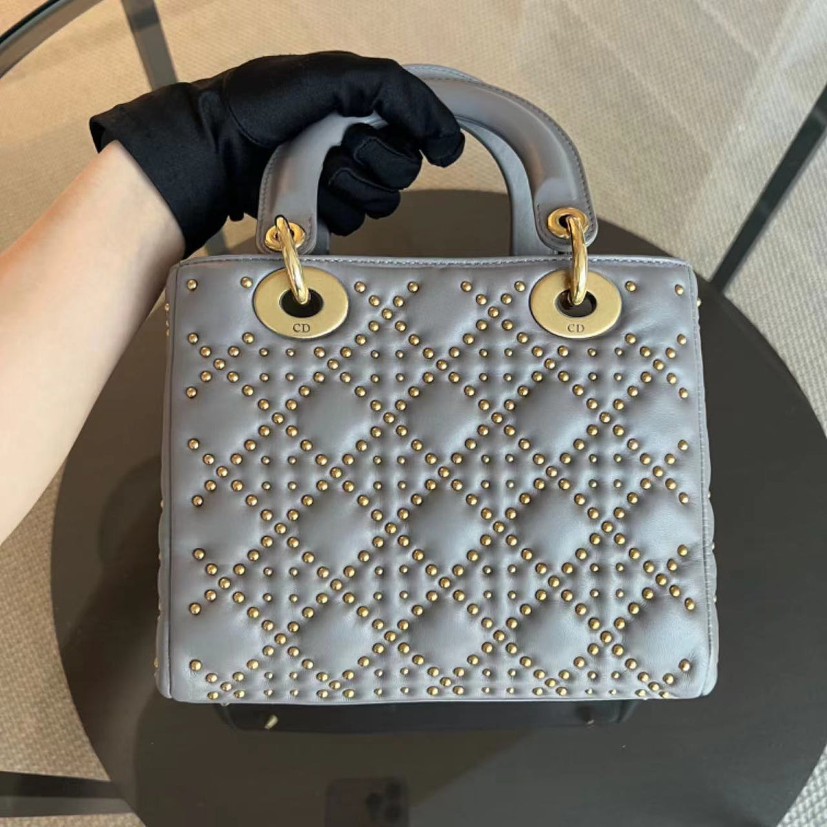 Lady Small Studded Smooth Lambskin Grey Gray GHW