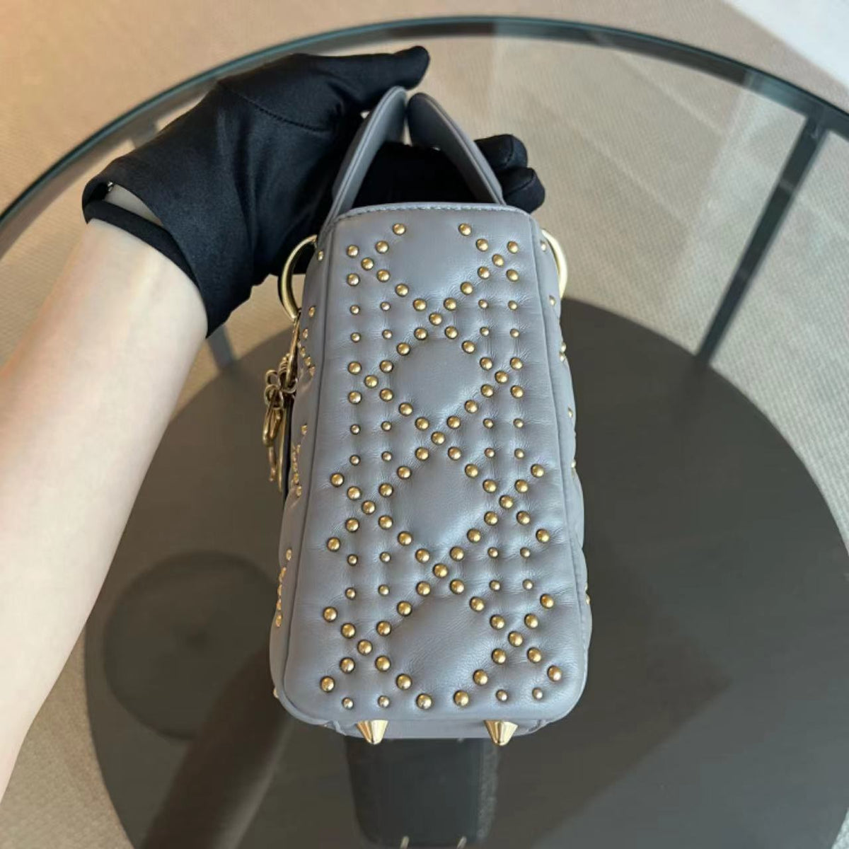 Lady Small Studded Smooth Lambskin Grey Gray GHW