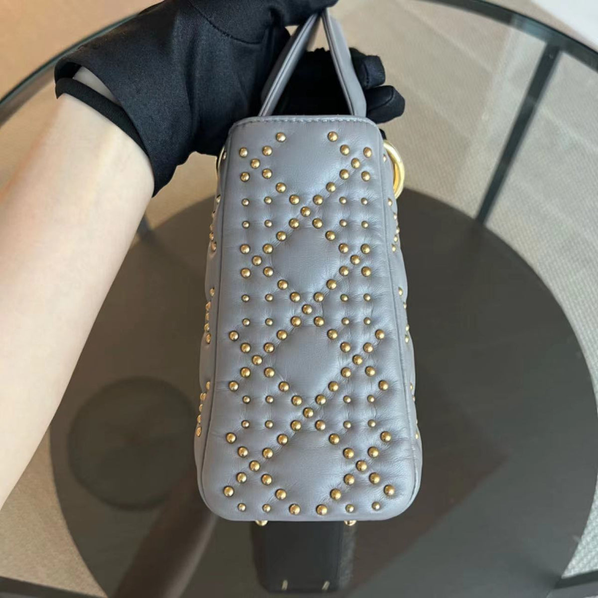 Lady Small Studded Smooth Lambskin Grey Gray GHW