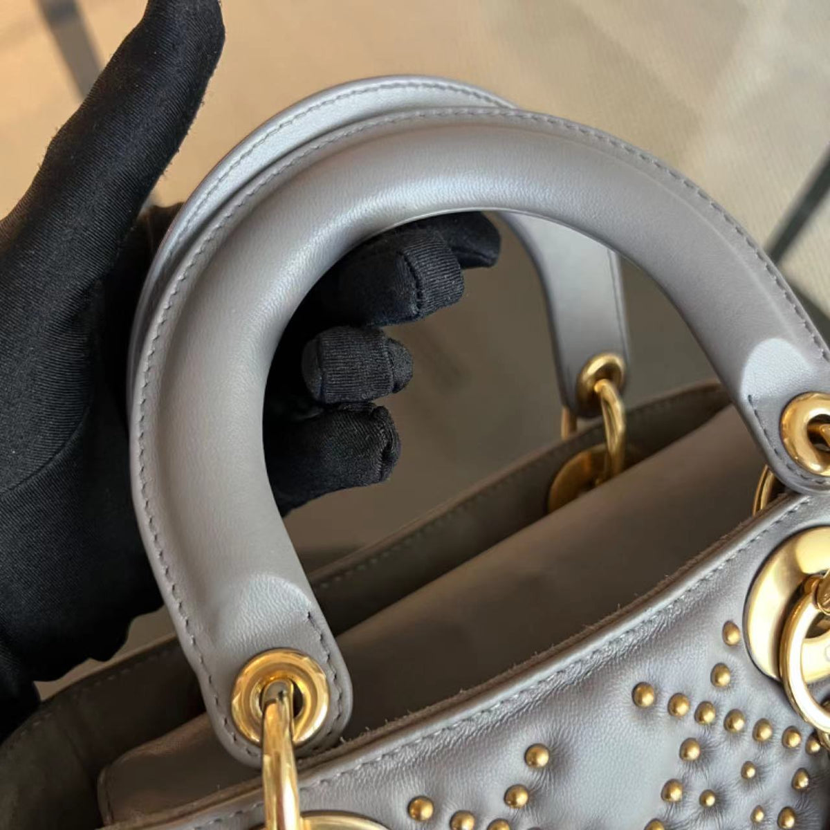 Lady Small Studded Smooth Lambskin Grey Gray GHW