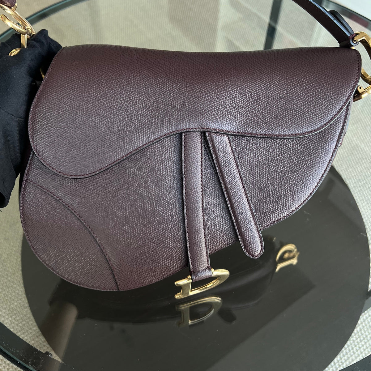 Medium Saddle  25CM Grained Calfskin Burgundy Golden Hardware