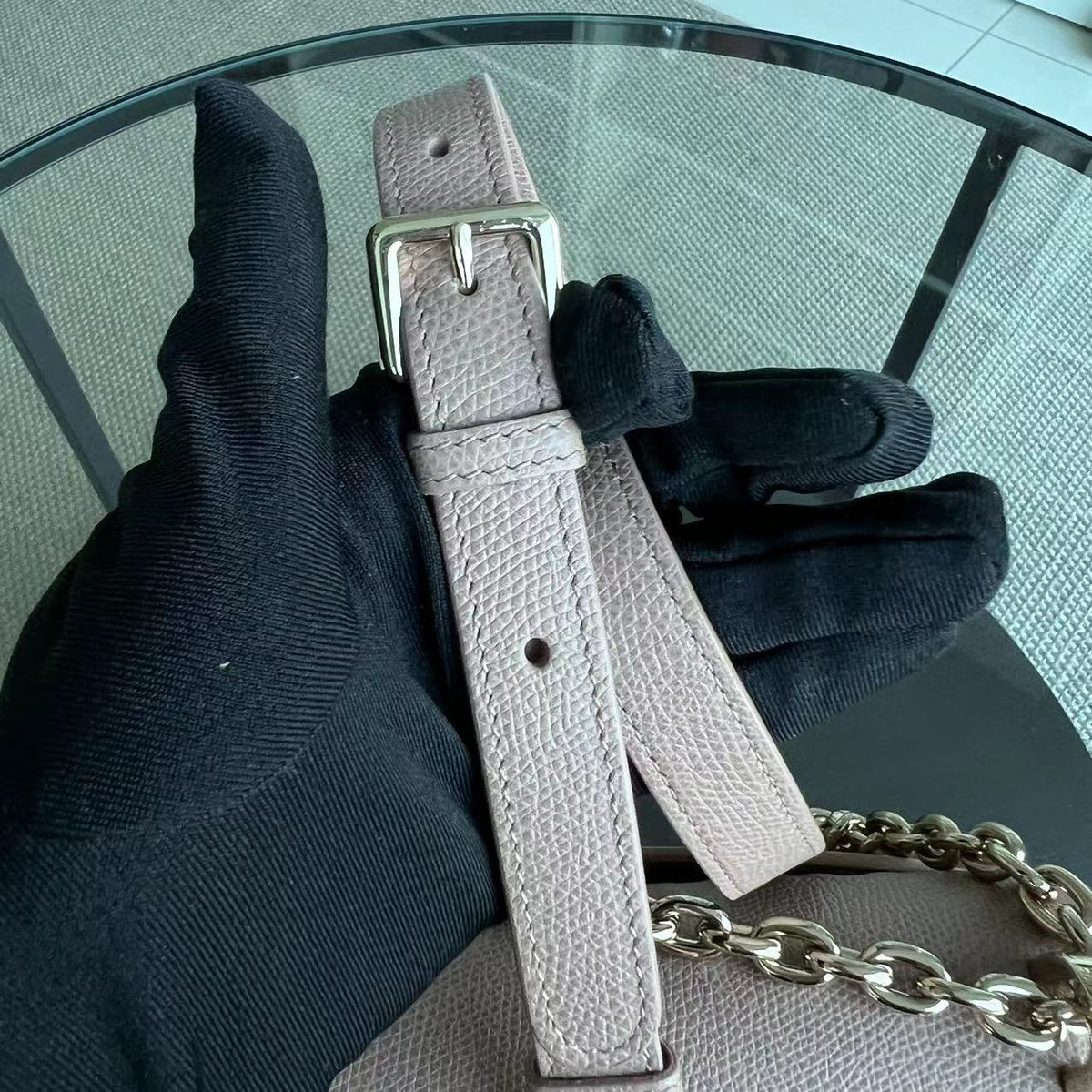 Montaigne 30 East West Grained Calfskin Light Pink Golden Hardware