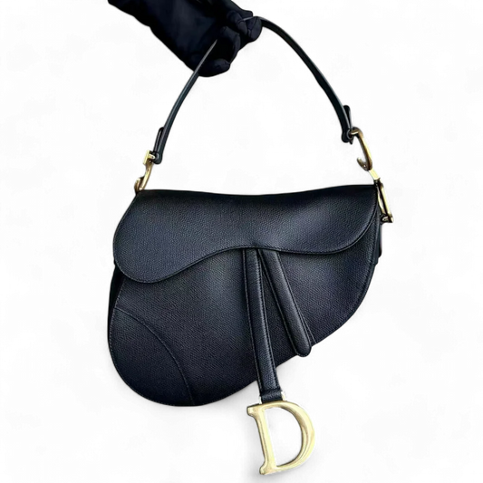 Dior Saddle Medium - 25CM Grained Calfskin Black Golden Hardware