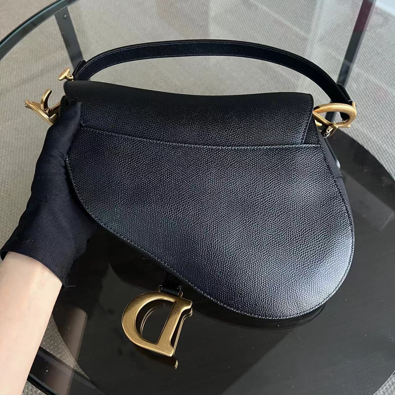 Dior Saddle Medium - 25CM Grained Calfskin Black Golden Hardware