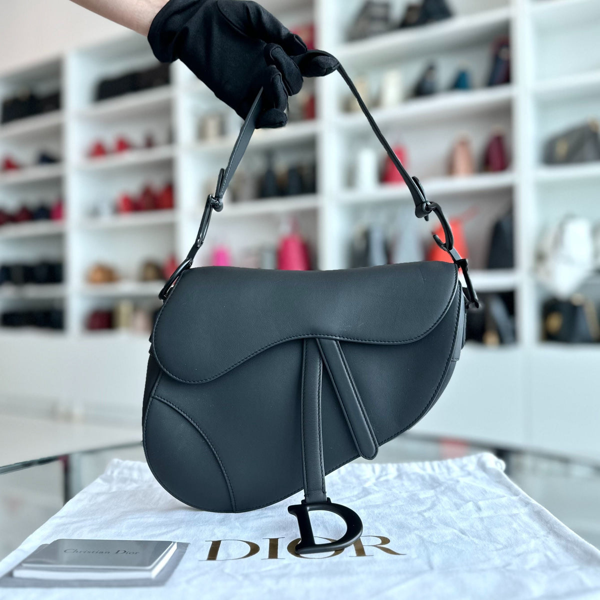Saddle Medium All Black Classic Lambskin BHW